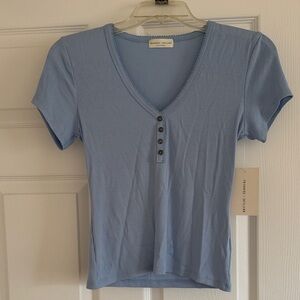 Francesca's Collections Light Blue Buttoned V-Neck Tee